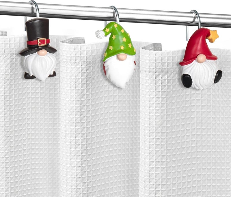 Sunlit Christmas Shower Curtain Hooks, Gnome Shower Curtain Rings, Hand Painted Resin Christmas Decor, Winter Bathroom Decoration, Black Green Red with Star, Set of 12 - Image 5